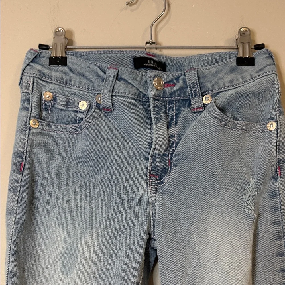 True Religion girl’s Billie mid-rise straight leg jean light blue wash with pink